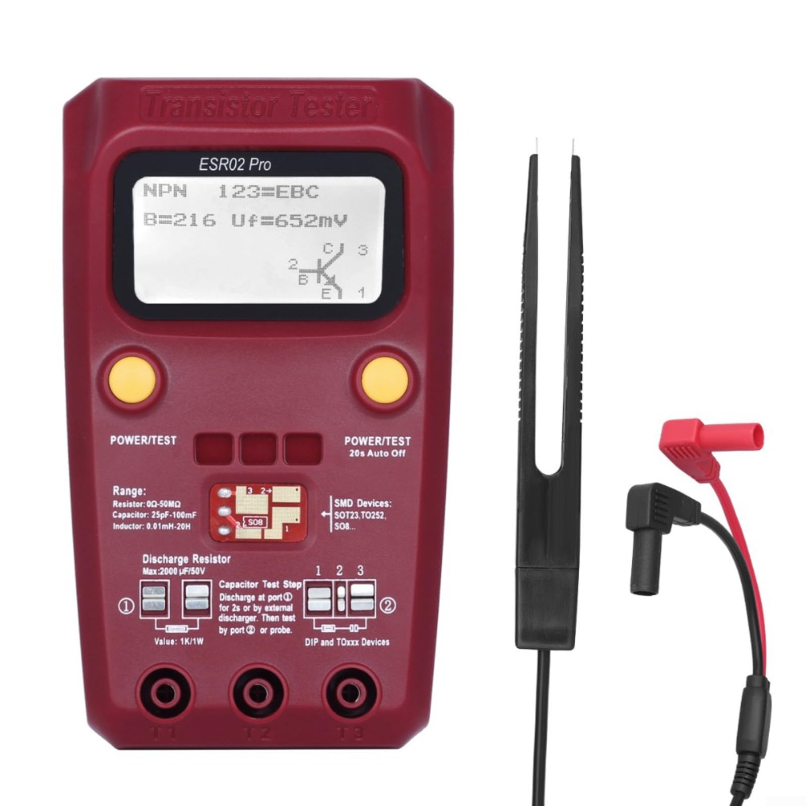ESR02 para probador de componentes Pro para SMD, medidas para ESR