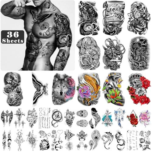 Yazhiji 36 Sheets Temporary Tattoos Stickers Include 12 Sheets Large Stickers Fake Body Arm Chest...