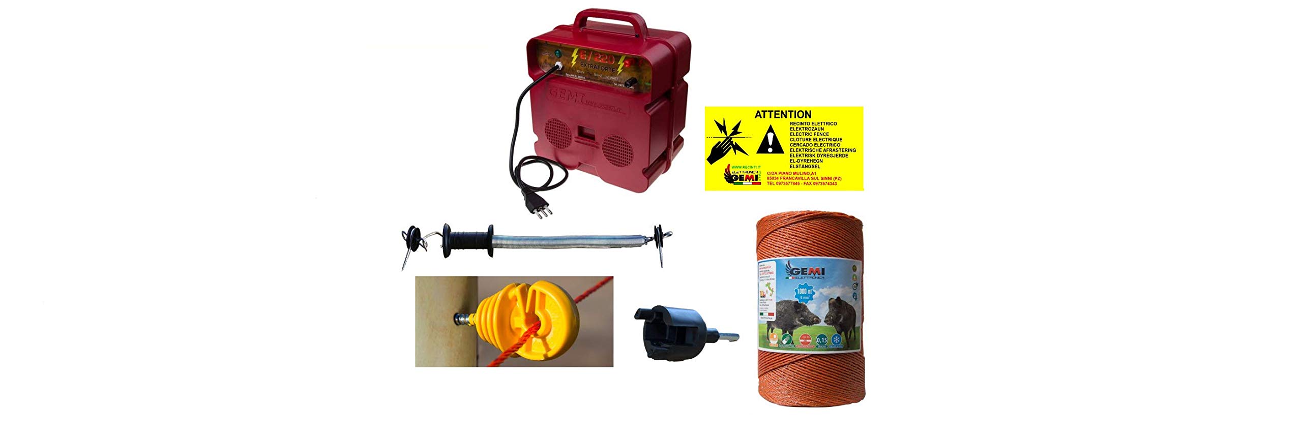 Electric enclosure kit with 1 electrifier 220 V + 2 wire 1000 MT 6 Mm² + 400 pcs insulators for wooden stakes + 2 screw spindles + 5 gate kits + 5 boar fence signs