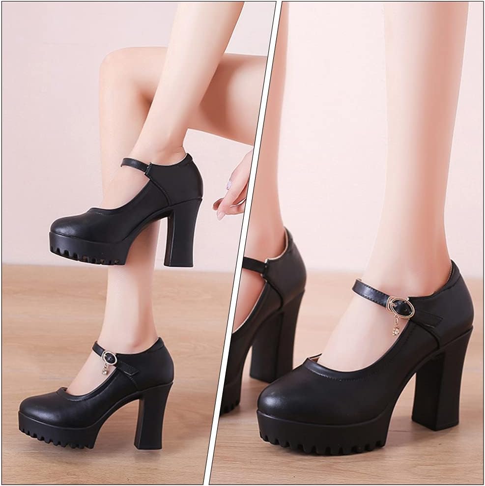 Happyyami 1 Pair Pumps Platform Shoes Girl High- Heeled Shoes Women Ankle Strap Heels High Heels Aline Dress for Women Non-Skid Heels Fashionable Woman Inside: Leather Creeper Black