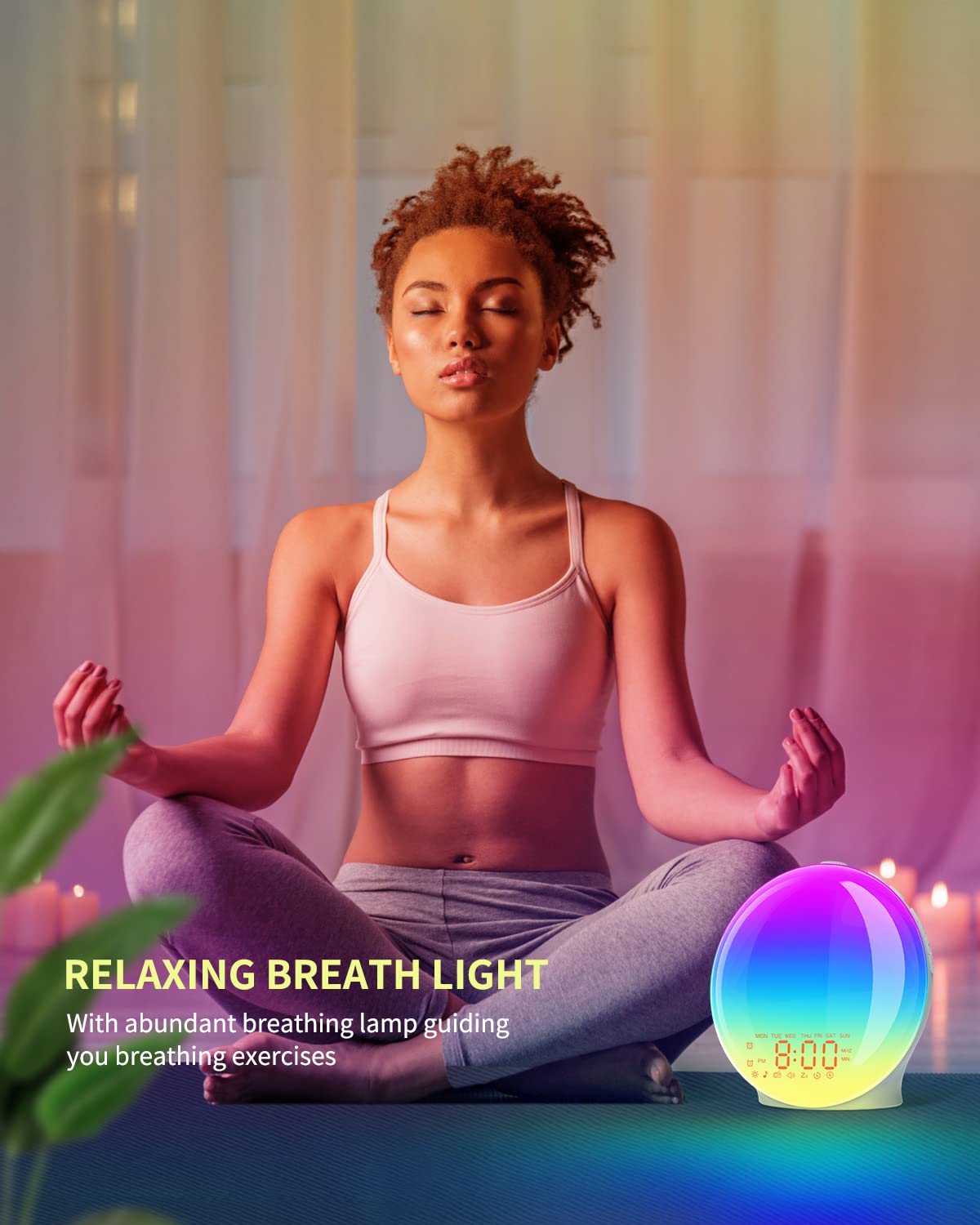 Réveil Lumineux, Simulateur d'Aube Grand Écran, Lampe de Chevet Veilleuse | 14 Couleurs, 20 Niveaux de Luminosité, Double Alarme, 8 Sons Naturels, Radio FM, Snooze, Port USB pour Enfant Adulte