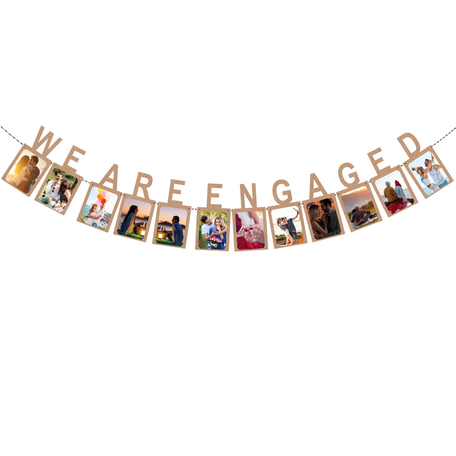 Lunhoo Engagement Banner, Engaged Party Decorations with Rope and Plastic Pin, Photo Banner for Engagement, Wedding, Valentines Day Party (Kraft Paper)