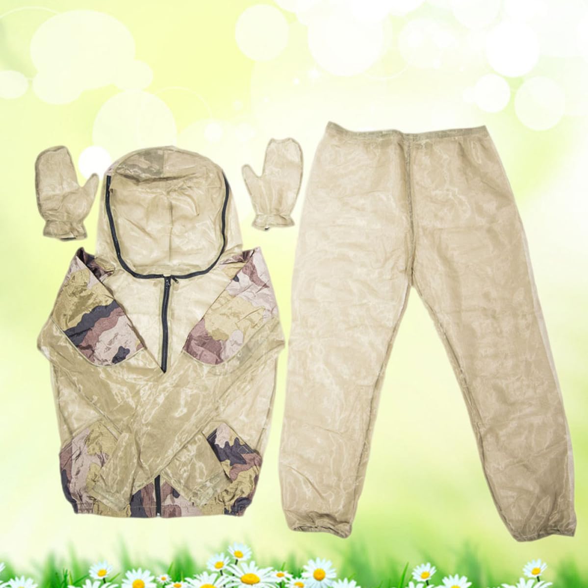 Combinaisons à Capuche en Maille 3pcs, Vêtements de Protection Unisexes | Tissu à Mailles Ultrafines Kaki, Tailles S 160-175cm et L/xl 175-190cm, pour Camping et Randonnée