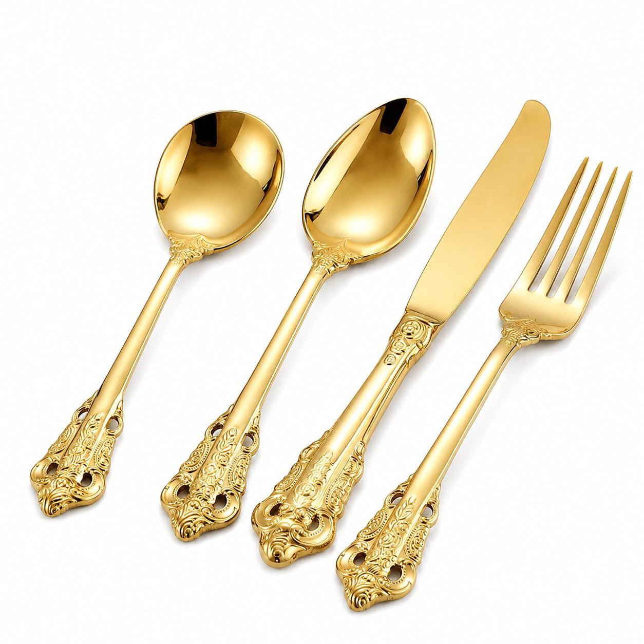 Vintage Stainless Steel Cutlery Set - 4 Pc | Dinner Spoon, Dessert Spoon, Fork and Butter Knife Mirror Polished Rust Resistant for Dinning, Kitchen and Travel (GOLDEN)