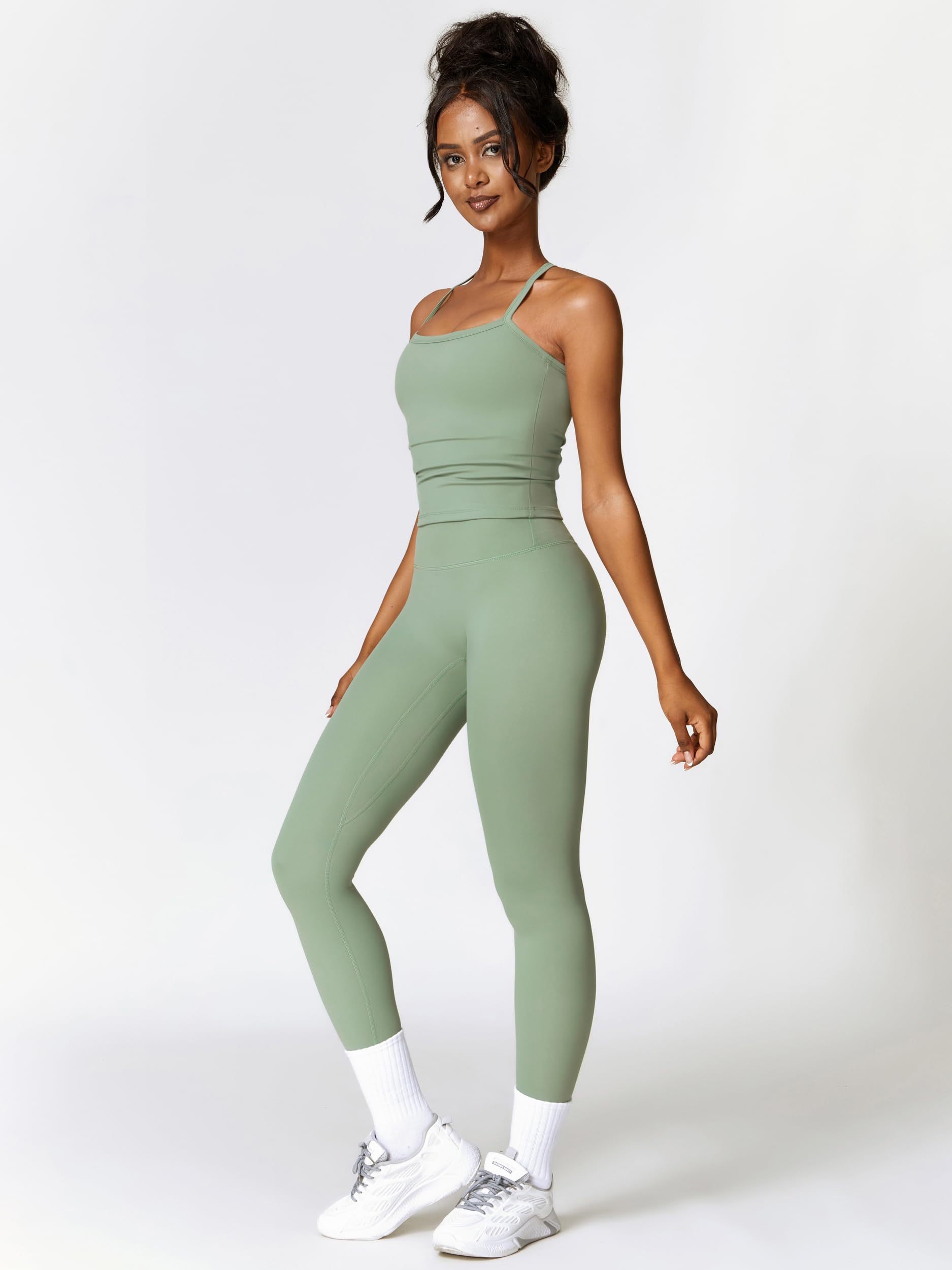 Odizli Set sportivo da donna, senza maniche, con reggiseno + leggings a vita alta, palestra, allenamento, yoga, fitness