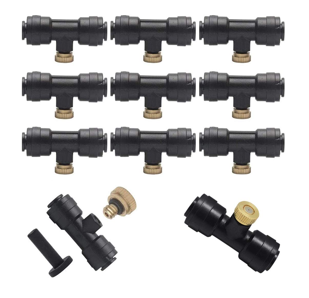 Dysza zraszająca z regulacją, mosiężna, 100 szt., mosiężne dysze zraszające 0,1-0,8 mm, niskie ciśnienie, 1/4", trójniki z blokadą ogrodową (0,6 mm)
