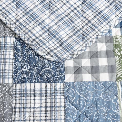Image of Eddie Bauer - King Quilt Set, Reversible Cotton Bedding with Matching Shams, Patchwork Luxurious Bedding Set with Plaid Reverse (Cozy Plaid Patchwork Blue /Green, King)