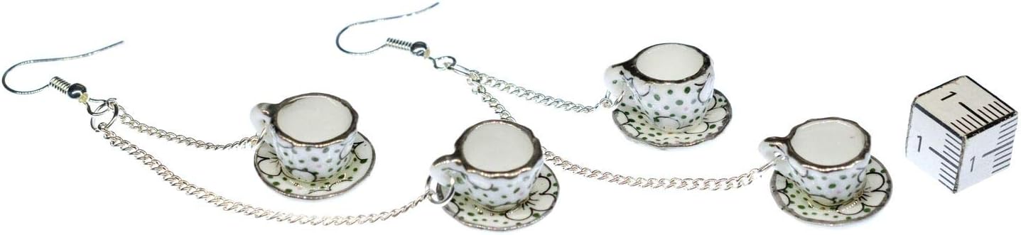 Dangle Mugs Teacups Earrings Miniblings Cup Of Coffee Porcelain Ceramic Green Dots