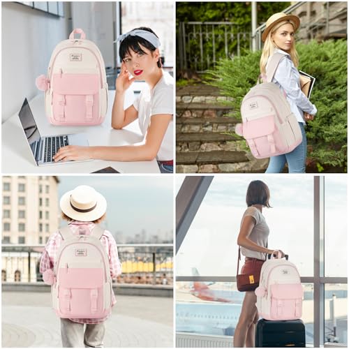 Image of WINDARS School Backpack with Lunch Box for Teen Girls, Cute College Backpacks for Women Students Aesthetic Bookbag Large 15.6 Inch Laptop Bag Middle School Travel Back Pack (Pink Beige-3 Pcs)