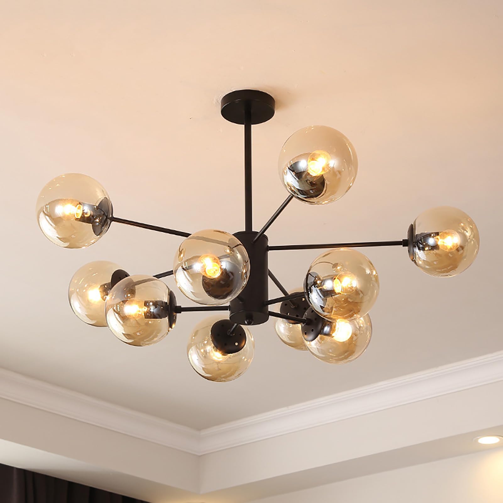 ksxnkhk Mid Century Modern Chandelier, Glass Linear Pendant Light Dimmable Light Fixture, Decorative Globe Ceiling Light for Dining Room, Bedroom, Kitchen, Easy Installation(10 Heads, Black + Brown)