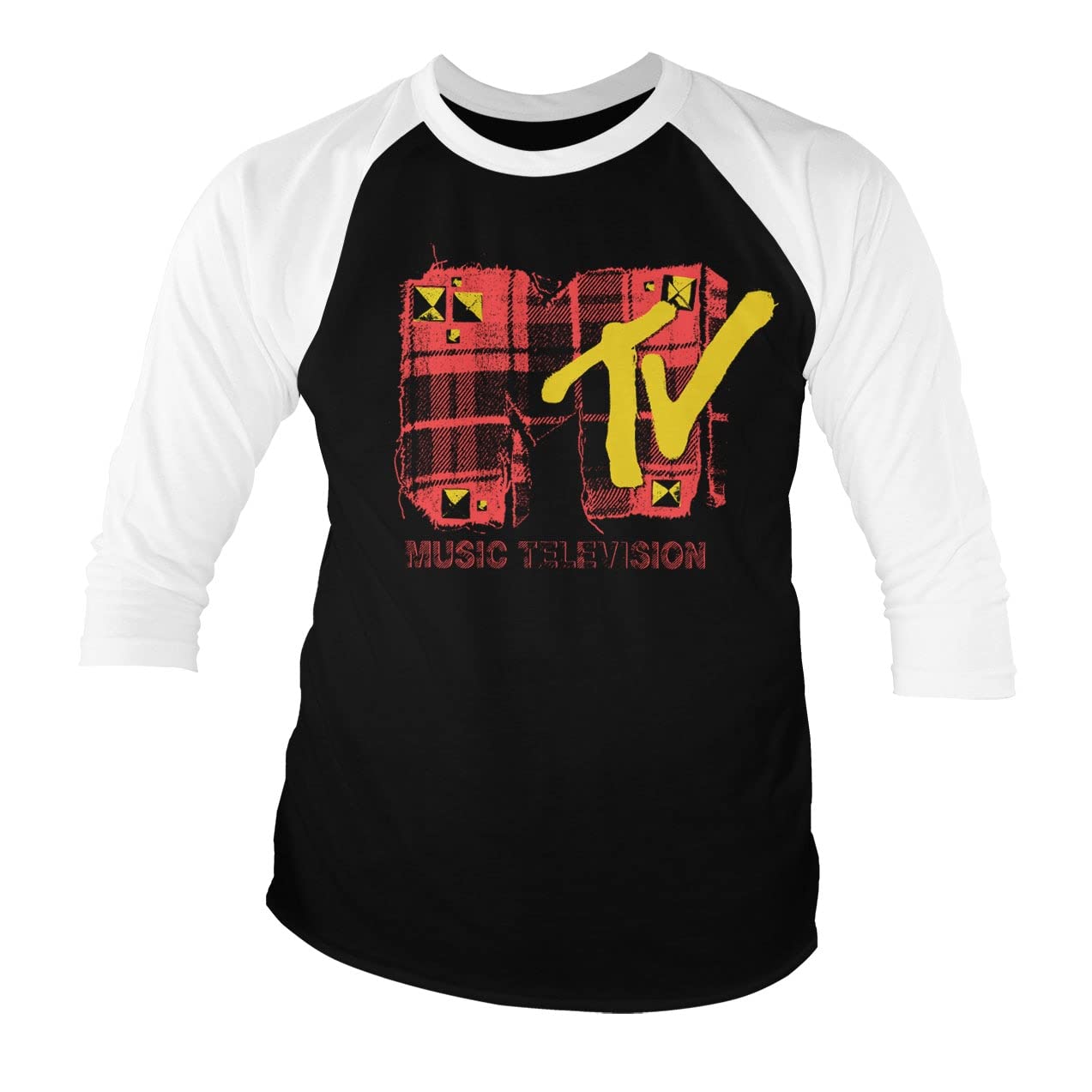 MTV Officially Licensed Plaid Baseball 3/4 Sleeve T-Shirt (White-Black), L