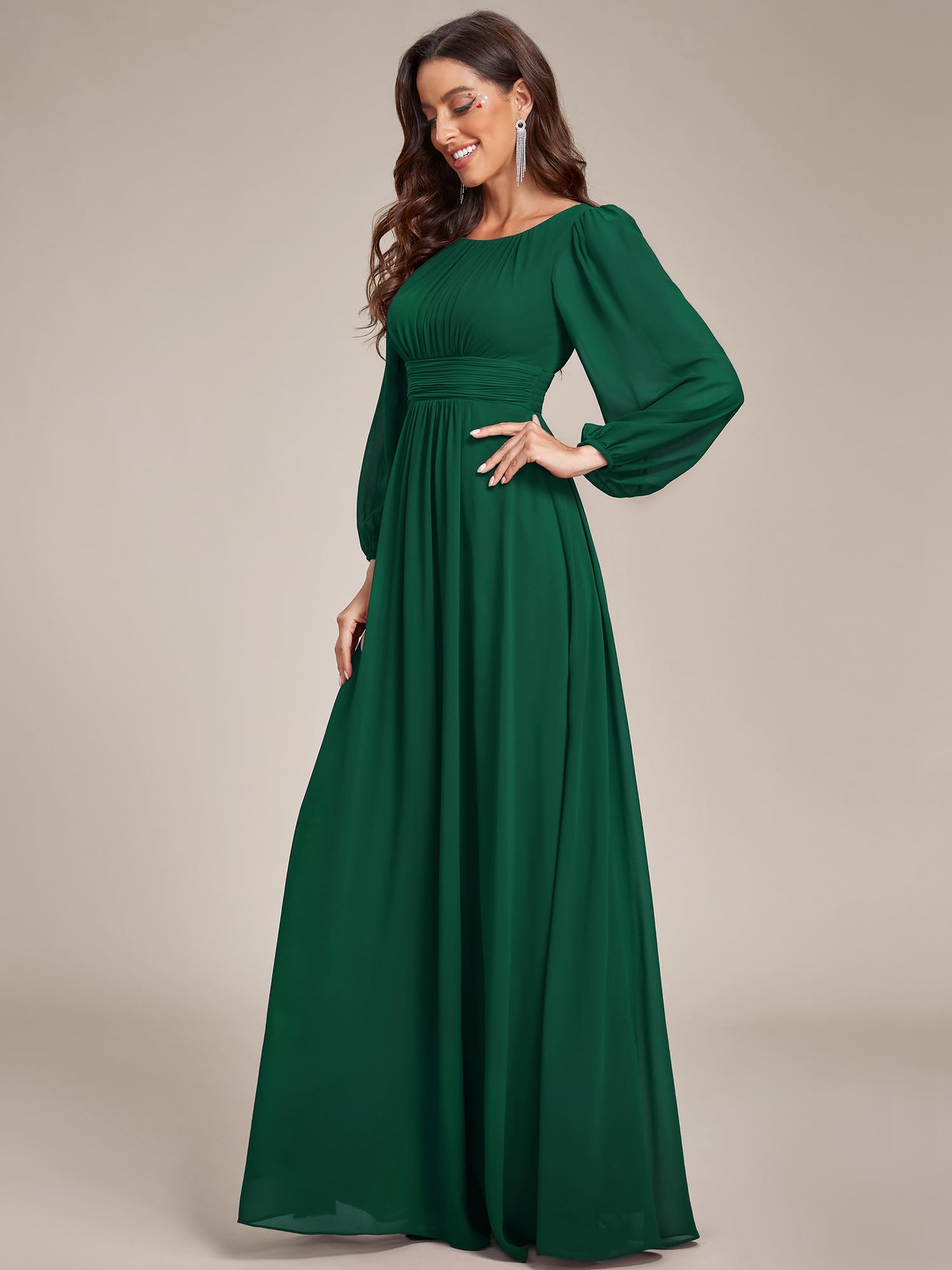 Ever-Pretty Vestito da Sera Donna Lungo Cintura Rotondo Manica Lunga Elegante Abiti da Cerimonia ES0106B Verde Scuro 44