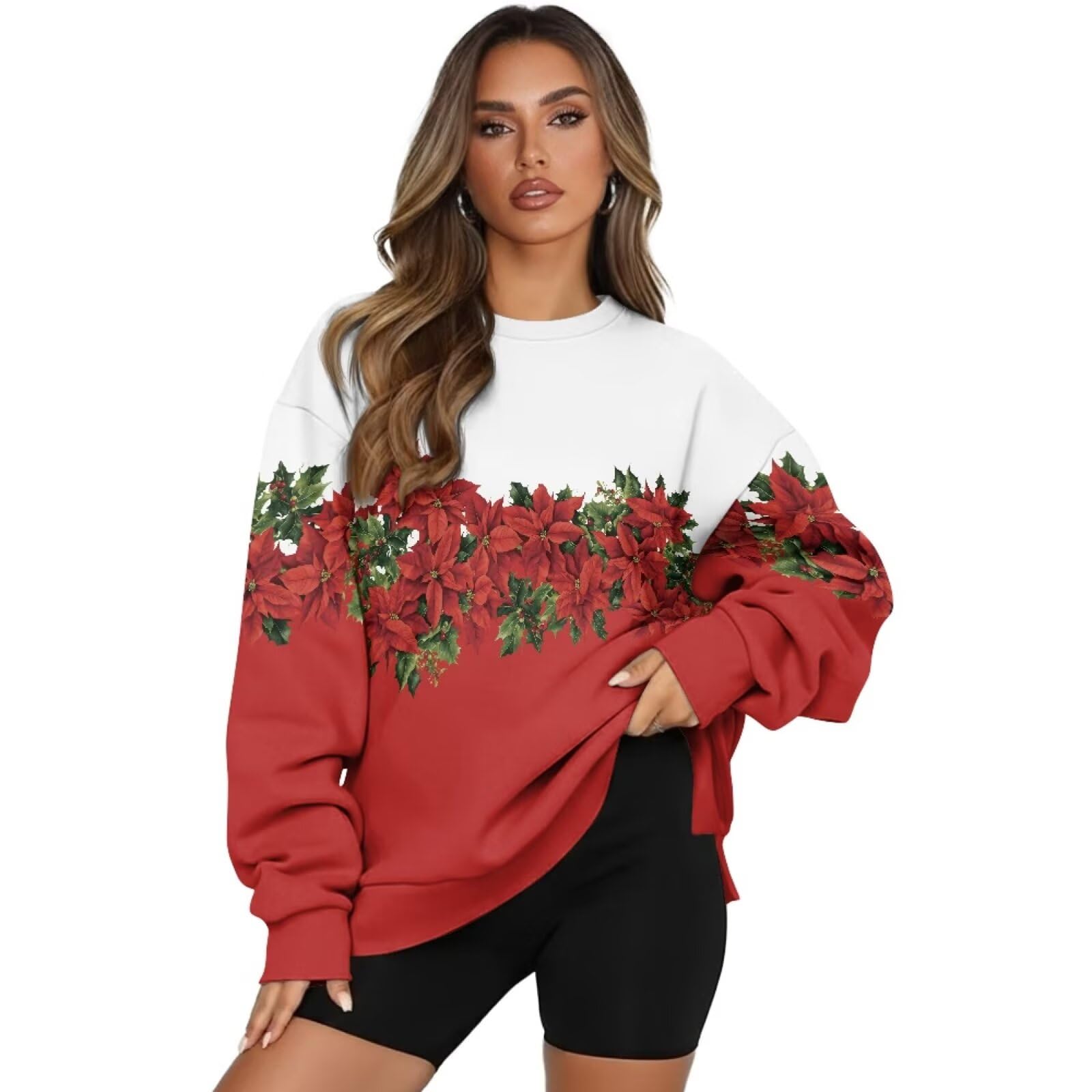Sudaderas de Navidad con cuello redondo para mujer, manga larga, con bolsillos, talla extragrande
