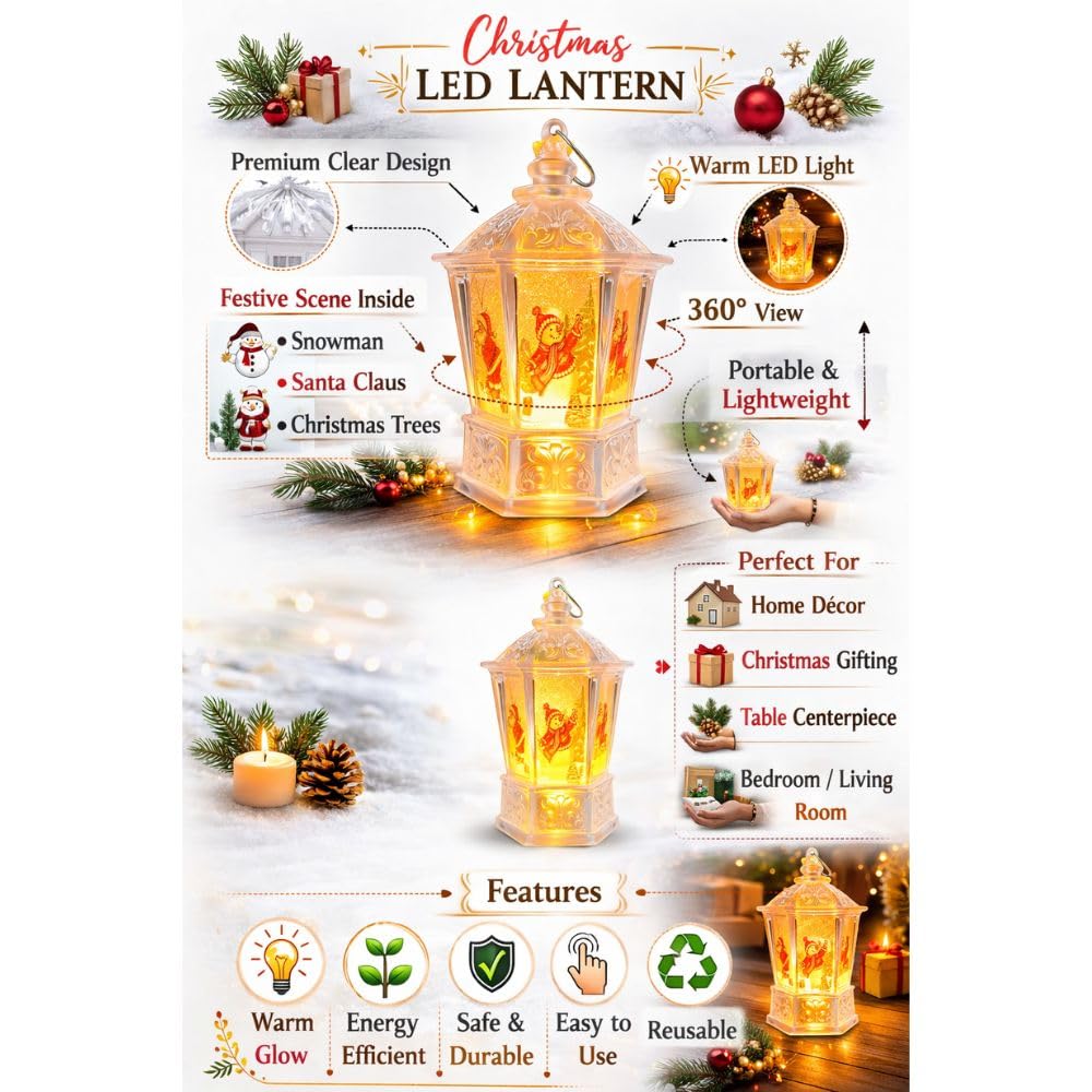 Premium Decorative Christmas LED Lantern - Holiday Lamp with Santa, Reindeer and Snowman Prints - Portable Festive Home and Hall Decor Light - Traditional Xmas Table Centerpiece 2