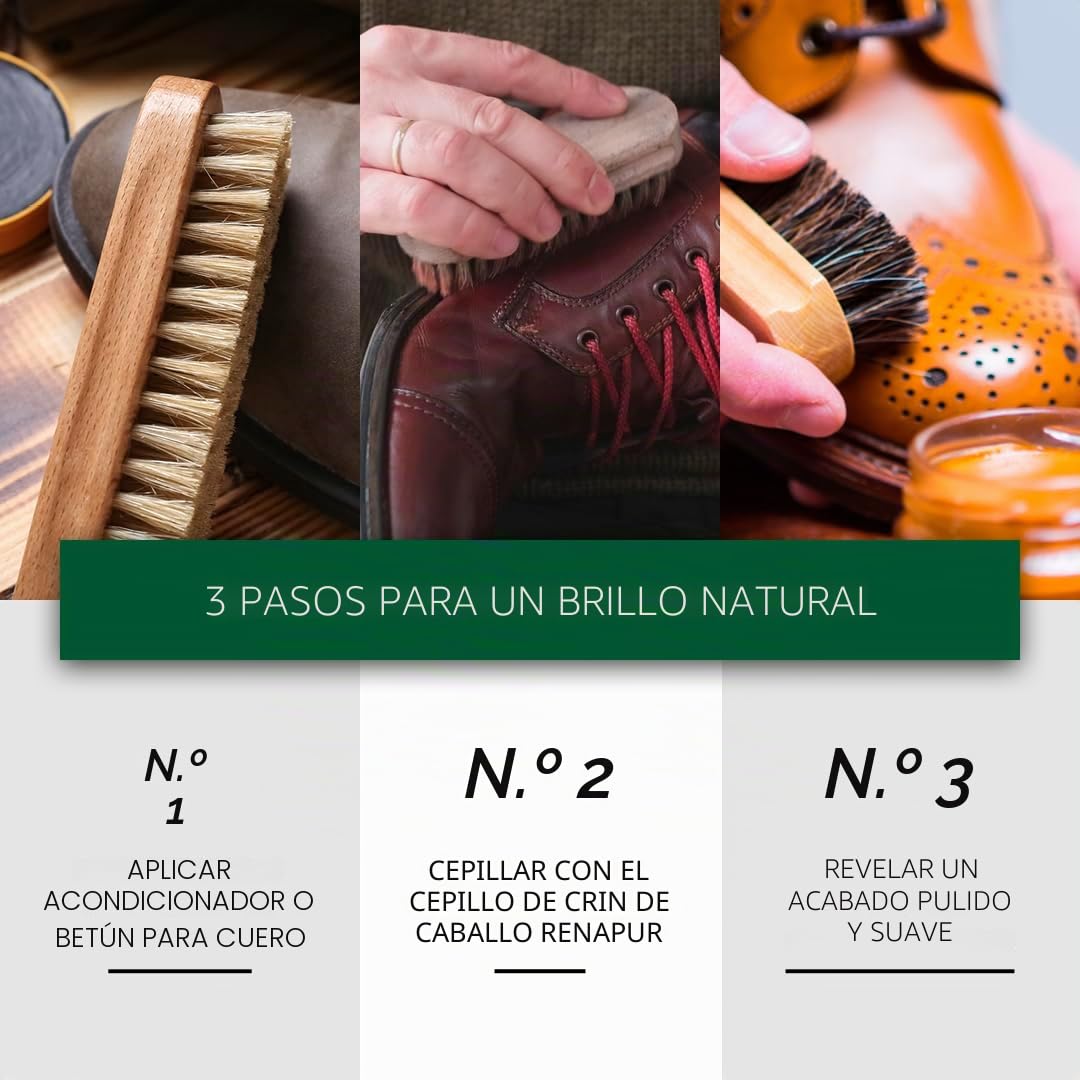 Cepillo Renapur de Crin de Caballo - Cerdas Súper Suaves con Mango Ergonómico de Madera, Pulir Cuero y Limpiar Zapatos/Botas de Ante o Tela.