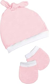 Kit 2 Peças Touca Nozinho e Luvas Ajustável com Punho Bebê Hipoalergênico Malha Rosa