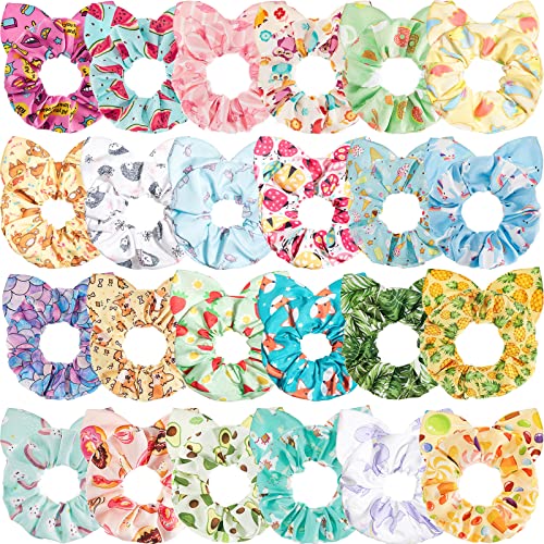 24 Pcs Hair Scrunchies Unicorn Rainbow Strawberry Fruits Colorful Animal Ponytail Holder Cute Hair Ties Pink Scrunchies with Patterns Accessories for Girls Women Kids (Cat Ear)