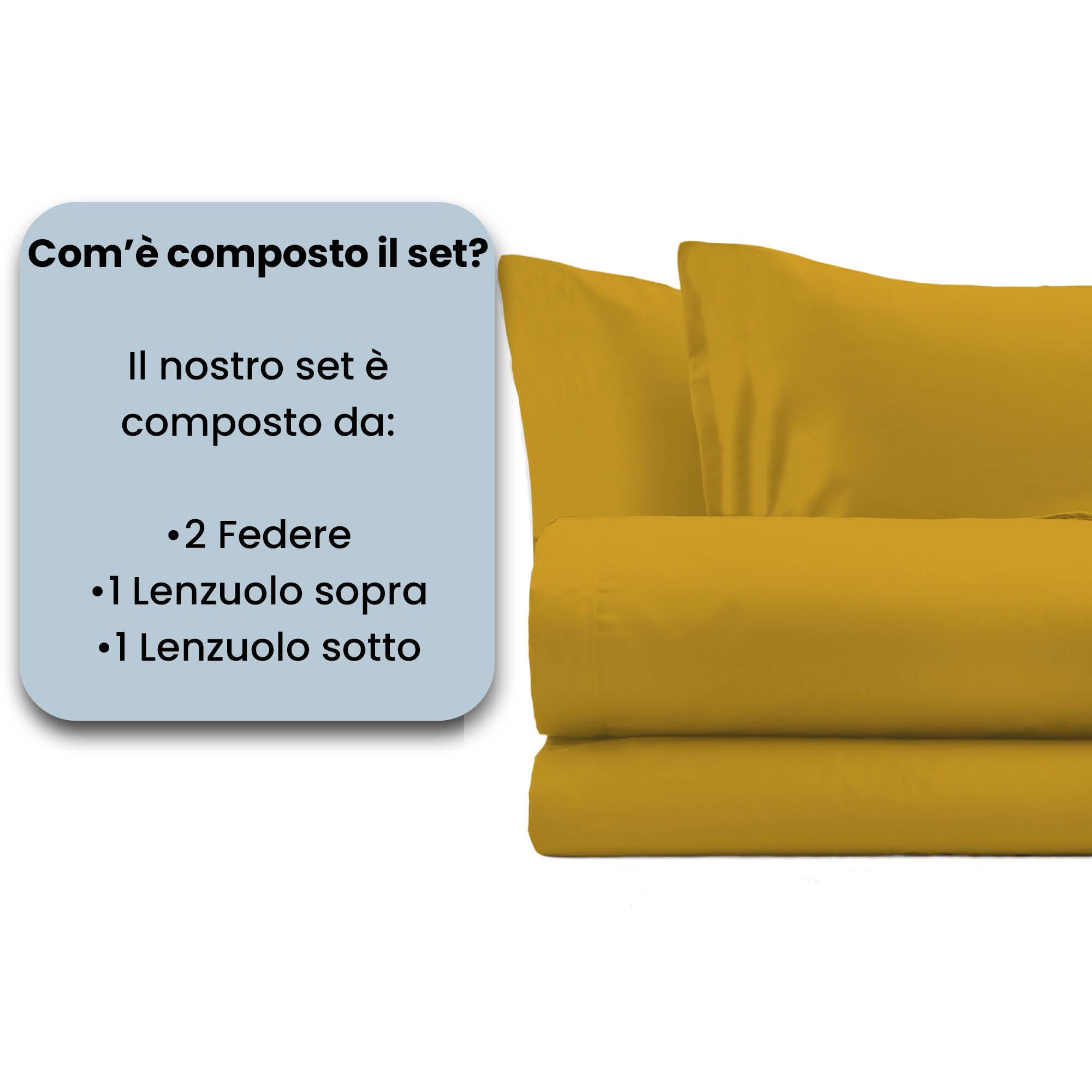 Set Lenzuola Letto Matrimoniale Cotone Max Color, Lavorato in Italia - Completo Letto, Lenzuolo sotto con Angoli, Telo sopra 240x300 cm e 2 Federe con Patella Interna, Senape