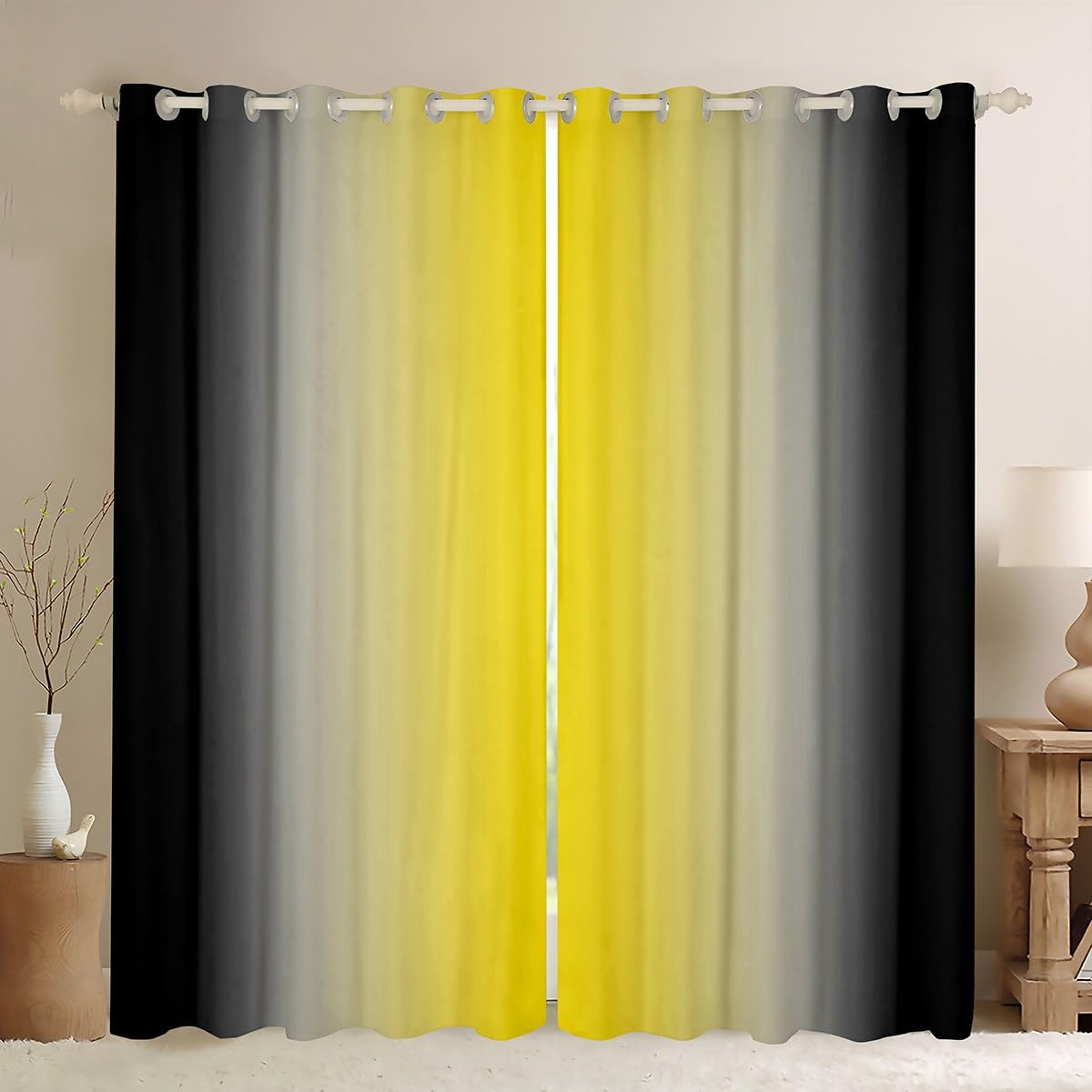 Homemissing Yellow Darkening Drapes Ombre Black Curtains for Bedroom Living Room for Kids Decor Gradient Style 30%-50% Blackout Curtains Abstract Window Treatments W66*L72