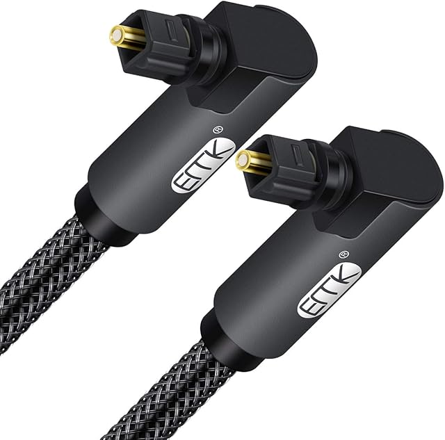 EMK Right Angle Optical Cable, 90 Degree Rotatable TOSLINK Plug Fiber Optic Cord for Blu-Ray Player, Soundbar, HDTV, PS3/PS4, Xbox and More (1M, Dual Angle Black)