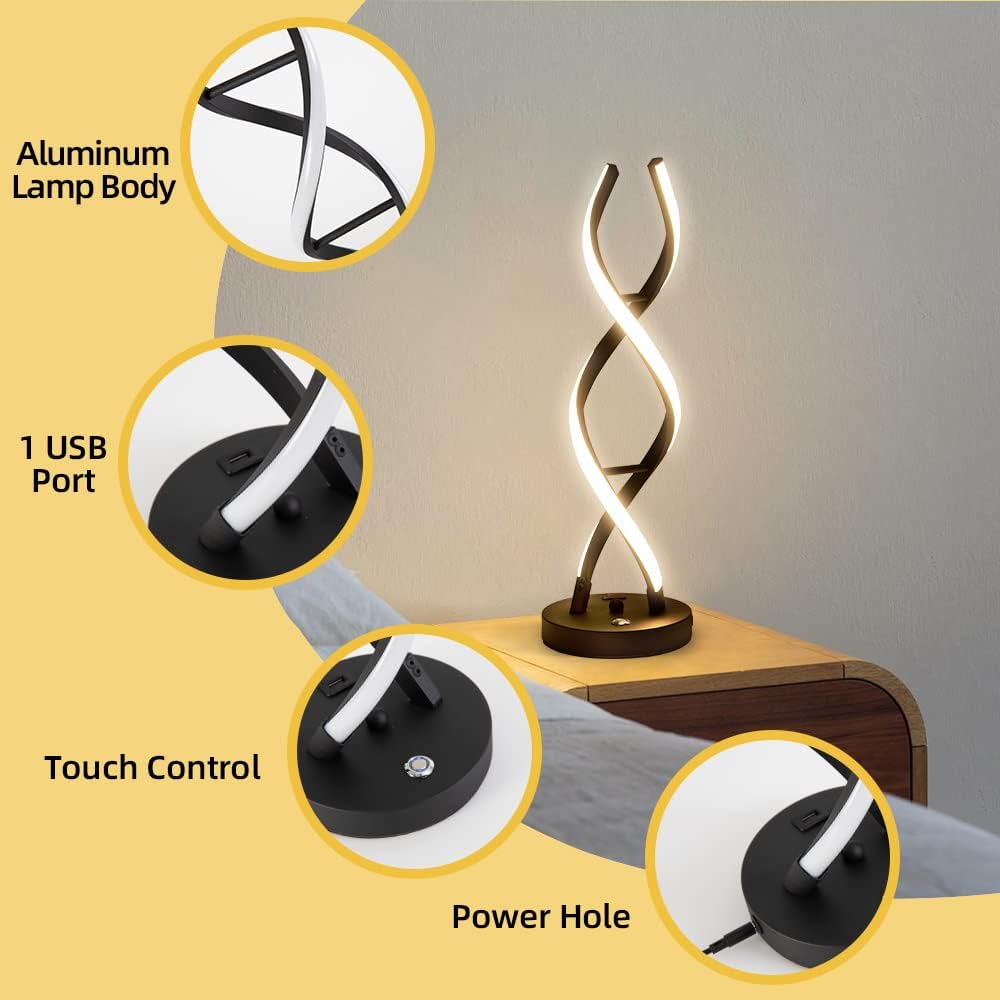 LED Modern Table Lamp, Stepless Dimmable Spiral Table Lamps for Bedroom, 3 Colors Touch Control Bedside Nightstand Lamp with 1 USB Charging Ports, Desk Lamps for Living Room Office (Black)