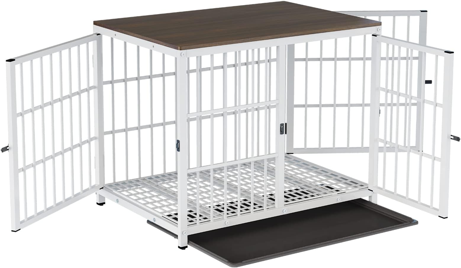 Heavy Duty Dog Crate Furniture: Wooden End Table Style Unlimited Combinable Pet Metal Cage with Three Doors - Indoor Decorative Doggy Kennel House with Removable Tray, L(91.5x63.5x74.5cm), White