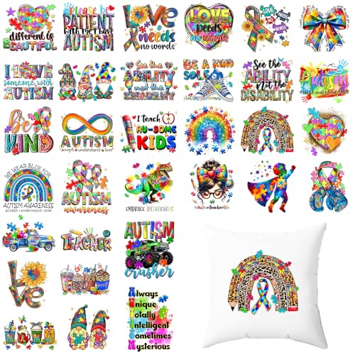 HTVSTD Autism Puzzle Iron on Transfers 32 Sheets DTF Transfers Ready to Press Rainbow Color Iron on Decals for T-Shirts Puzzles Heat Transfer Vinyl Be Kind Iron on Decals for DIY Patches Decals
