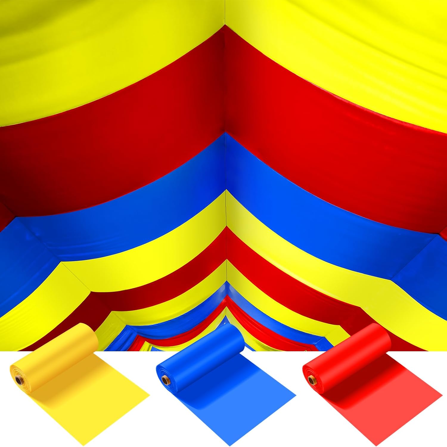 Blulu 3 Rolls 100' x 40'' Plastic Tablecloths Carnival Theme Party Decorations DIY Circus Tent Halloween Carnival Supplies for Circus Clown Party Ceiling Backdrop Curtains Decor(Blue Yellow Red)