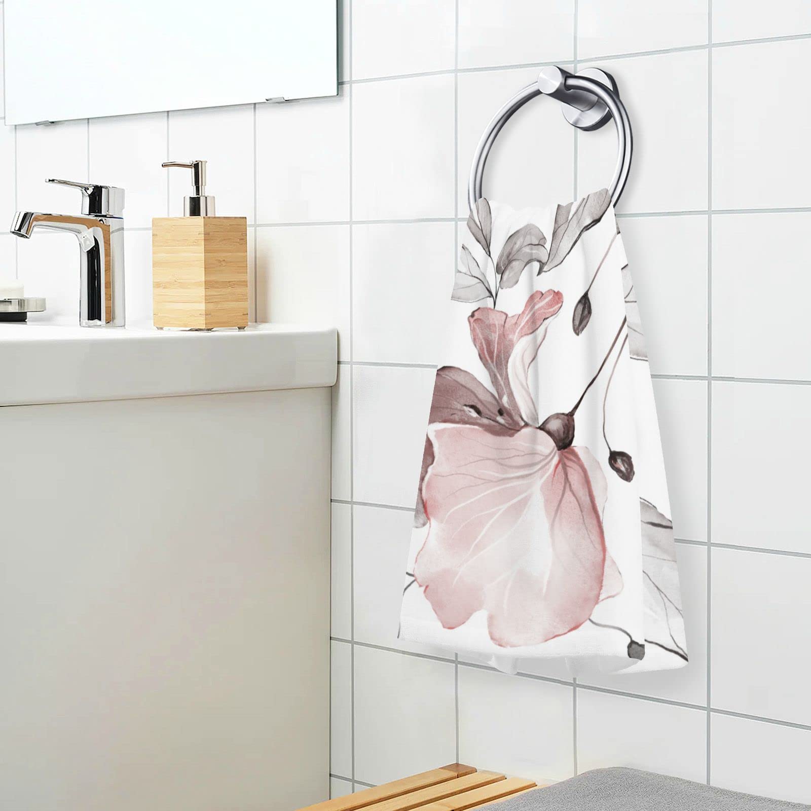 ALAZA Pink Rose Flower Gray Leaves Hand Towels for Bathroom Set of 2 Soft 100 Percent Cotton Towel Luxury Decorative Bath Towels Highly Absorbent Face Towel 16