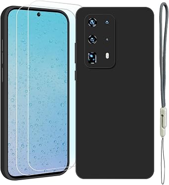Case Compatible with Huawei P40 Pro Plus Case,[2 Pack Screen Protectors] Liquid Silicone Ultra Slim Shockproof Phone Case Deep Black