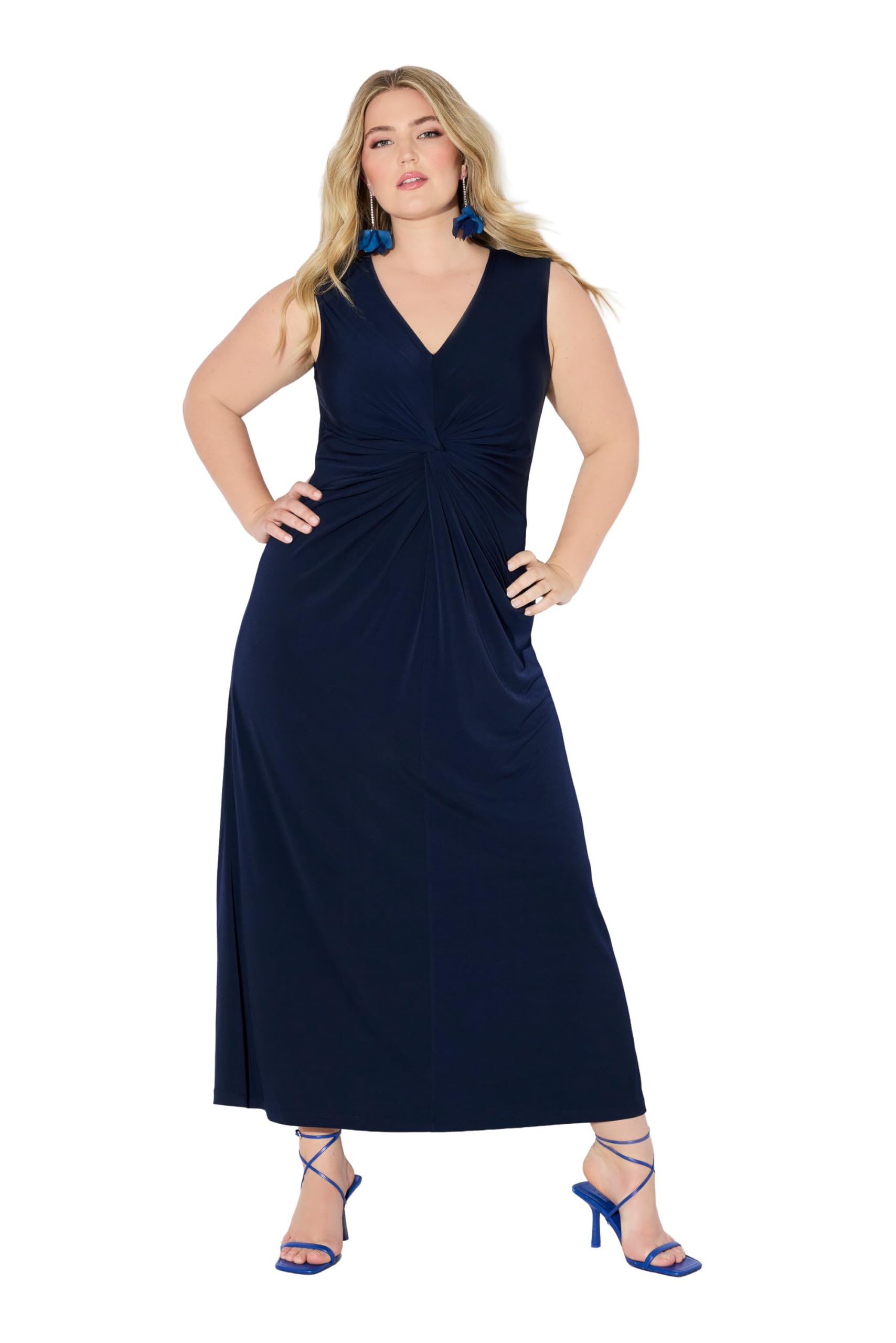 Ulla Popken Damen große Größen Übergrößen Plus Size Jersey-Maxikleid, ärmellos, Drapierung 845185