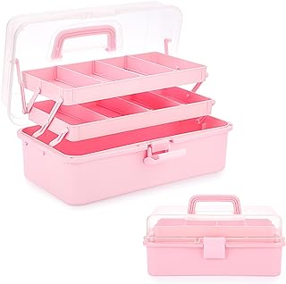 BTSKY 3-Layer Plastic Dividing Storage Box Craft Organizer and Storage with Adjustable Spacers Portable Handled Art Supply Organizer Multipurpose Home Utility Box Organizer (Pink)