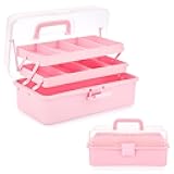 3-Layer Plastic Dividing Storage Box Craft Organizer and Storage with Adjustable Spacers Portable Handled Art Supply Organizer Multipurpose Home Utility Box Organizer (Pink)