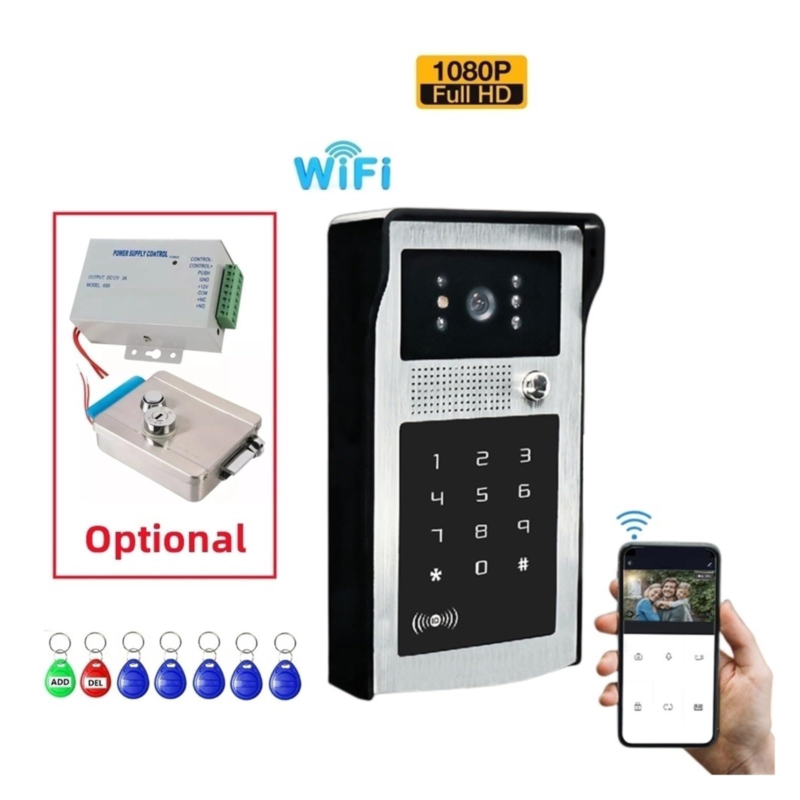 Campanello senza fili Smart Wifi Videocitofono Citofono Sistema 1080P Wireless Outdoor WIFI Campanello Fotocamera Tastiera Schede RFID For Appartamento per l'ufficio scolastico a domicilio ( Size : ID