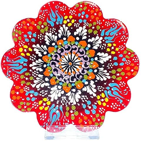 SECEN LONDON - Tile Embroidered Turkish Ceramic Trivet Base 18cm- Handmade Durable Heat Resistant Pot and Pan Protector - Table Decor and Shelf Decor,Stylish Design and Durable Material(Red Trivet) Cover