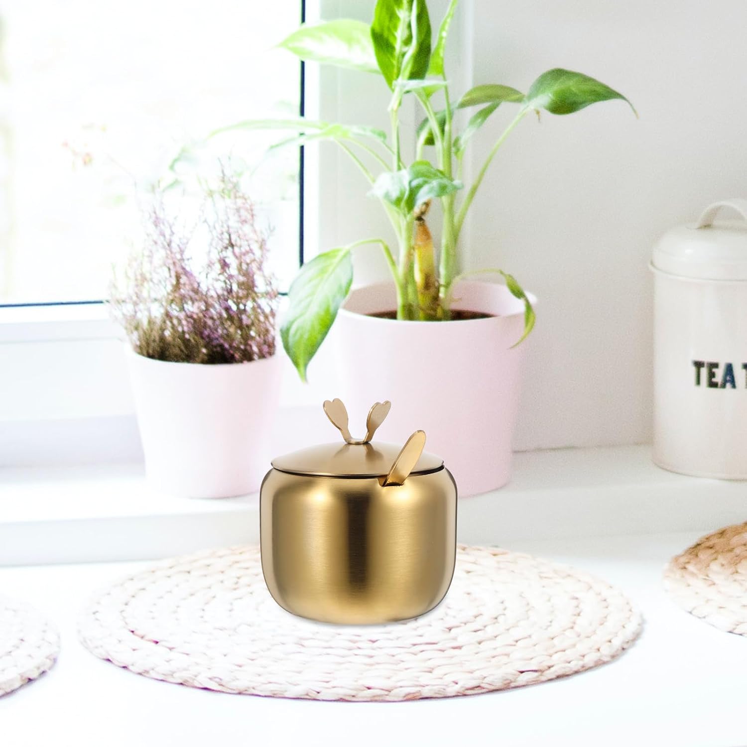 Stainless Steel Sugar Bowl with Lid and Spoon Xmas Condiment Pot