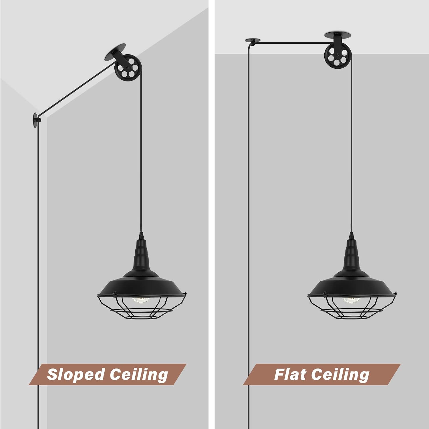 Farmhouse Black Metal Wire Cage Plug in Pulley Pendant Lights with 19.4ft Adjustable Cord On/Off Switch, Industrial Vintage Barn Hanging Ceiling Light for Kitchen Island Hallway Foyer (2 Pack)