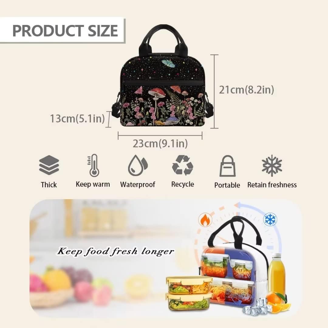 Pinupub Casual Daypack With Lunch Box Pen Bag Set Lightweight Practical 17 Inch School Backpack Mushroom Butterfly Print 3pcs Black