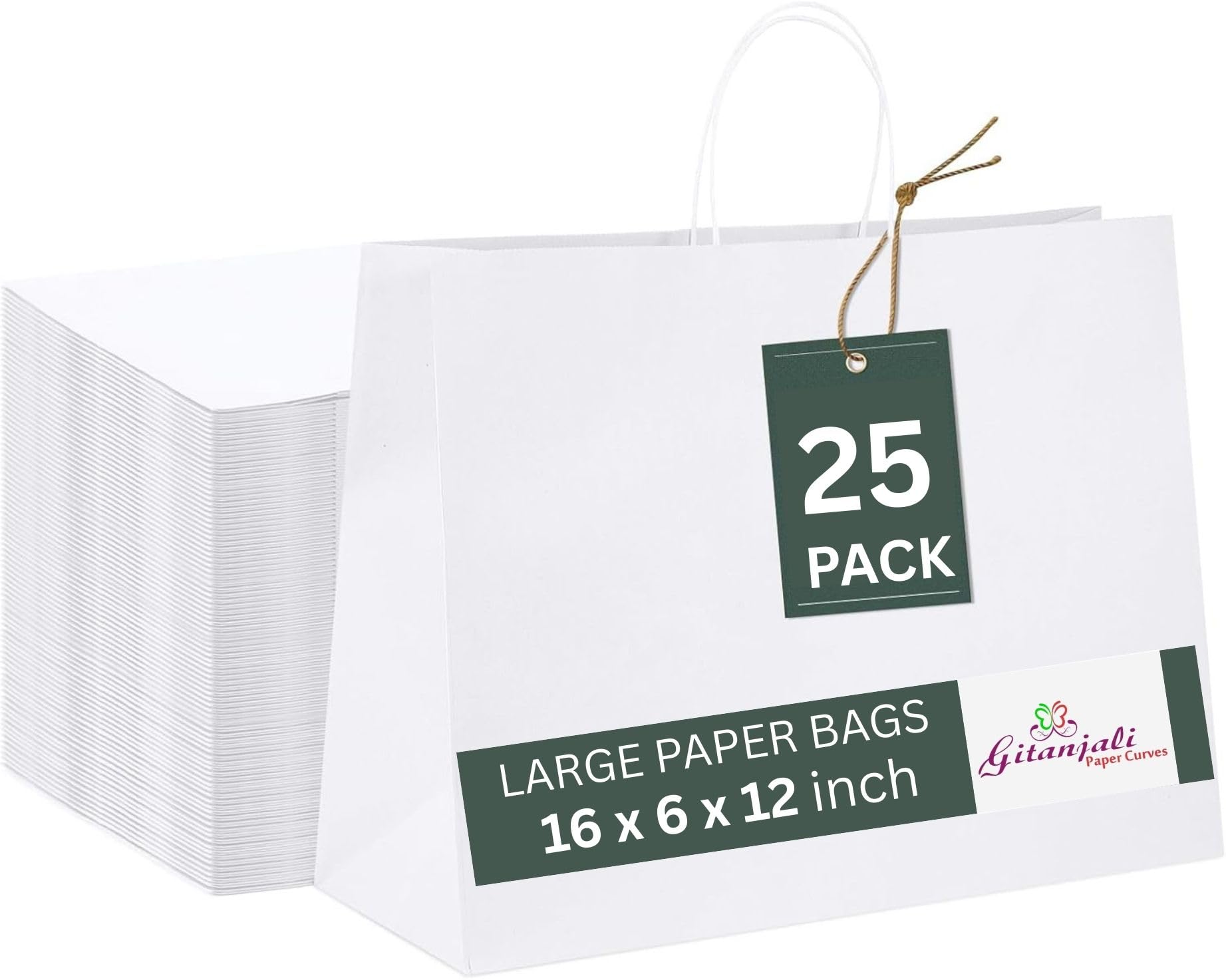 Gitanjali Paper Curves Paper Bags -16x12x5inch White Large Gift Bag- Retail, Shoppinf, Merchandise Paper Carry Bags- Disposable Recycled Eco Friendly Craft Paper Return Gifting Covers (Large2-White, Pack of 25)