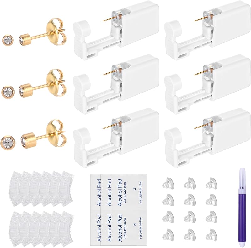 Hoohnnaa Kit descartável para perfuração de orelha com 6 unidades e brincos de aço inoxidável