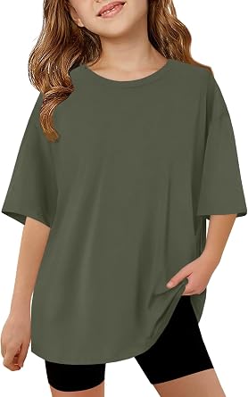 ZDC Girls Short Sleeve T Shirts Kids Summer Oversized Tops Trendy Crewneck Basic Tees 5-14 Years