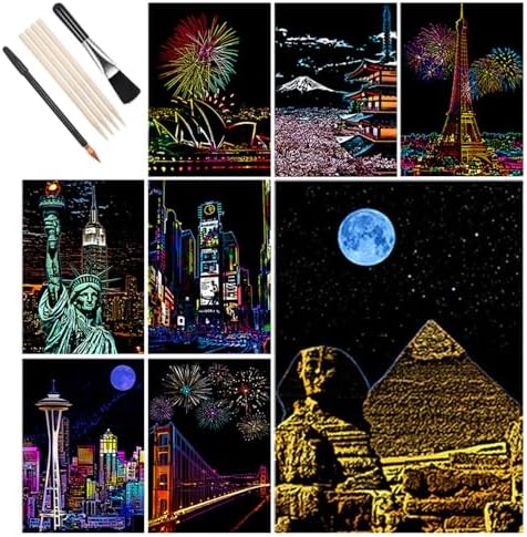 Kit Peinture à Gratter SiYear – Série City Night Scene – 8 Planches + 4 Outils – Cadeau Créatif Pour Adultes Et Enfants
