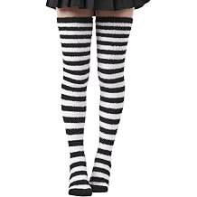 Moon Wood Women Striped Thigh High Socks Coral Fleece Thigh Highs Fuzzy Over Knee Socks Cozy Leg Warmers Halloween Costume