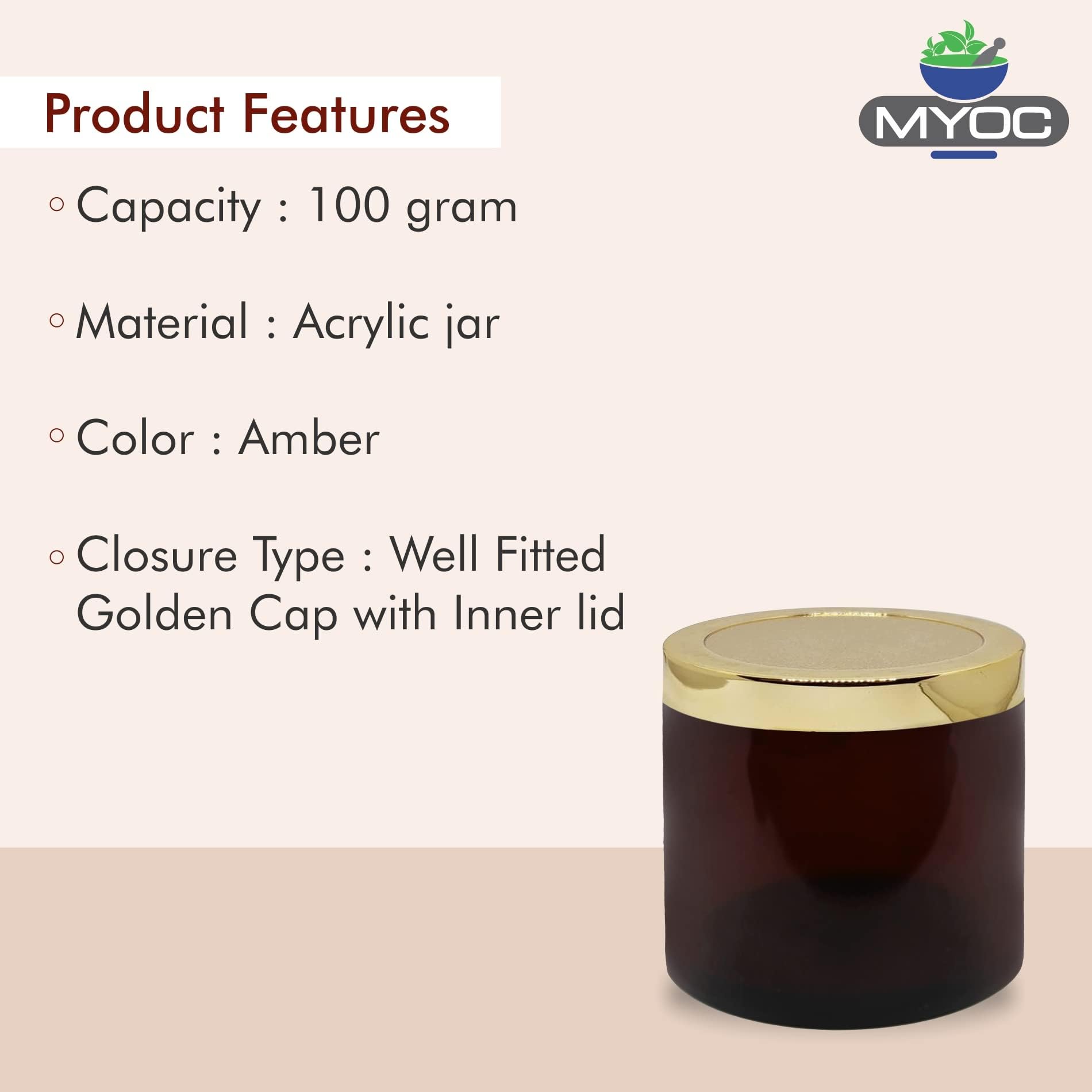 MYOC Amber San Jars with Golden Cap & Inner lid for Creams, Gel, Body Scrub & Butter, Leak-proof Reusable Refillable Portable Cosmetic Container for Makeup & DIY Cosmetic Use- 100gm(Pack of 4) 1