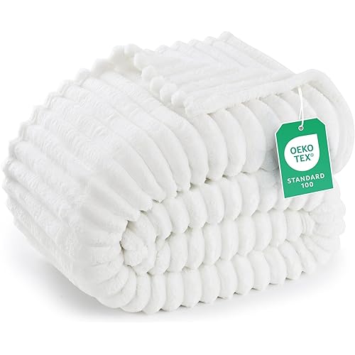 Utopia Bedding Off White Striped Fleece Blanket Queen Size – Fluffy, Warm & Lightweight Ribbed Throw for Bed, Sofa & Chair - Soft Cozy Blanket for Home Décor & Gifting (90x90 Inches)