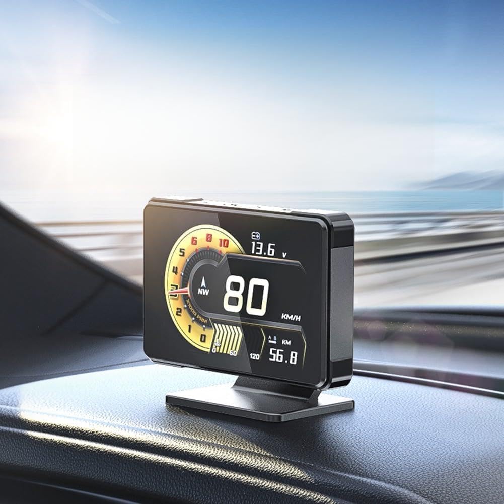 FUBESK GPS+OBD Head-Up-Display (HUD) mit Anzeige von Spannung, Geschwindigkeit, Drehzahl, Turbolader und Öltemperatur, ABS+PC, Schwarz, für Fahrzeuge ab Baujahr 2008.