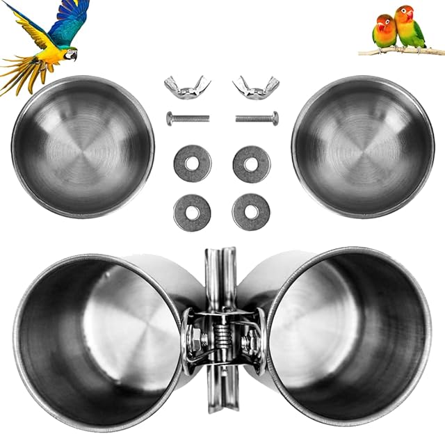 3pack Bird Feeding Dish Cups, Bird Cage Feeder Include Bird Food Bowl(2 PCS), Bird Cup with Clamp for Parakeet African Greys Conure Cockatiels Lovebird Budgie Small Animal