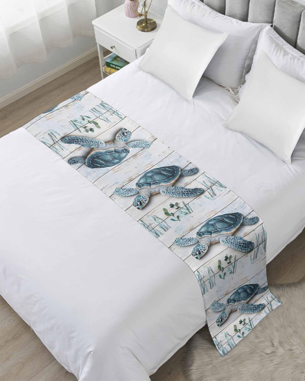 Ocean Sea Turtle Blue Bed Runner for Full/Queen Size, Summer Coastal Seaweed Wooden Grain Bedspread Protector Slipcover Bed Scarf for Foot Runners & Scarves for Bedroom Hotel 83x20 Inches