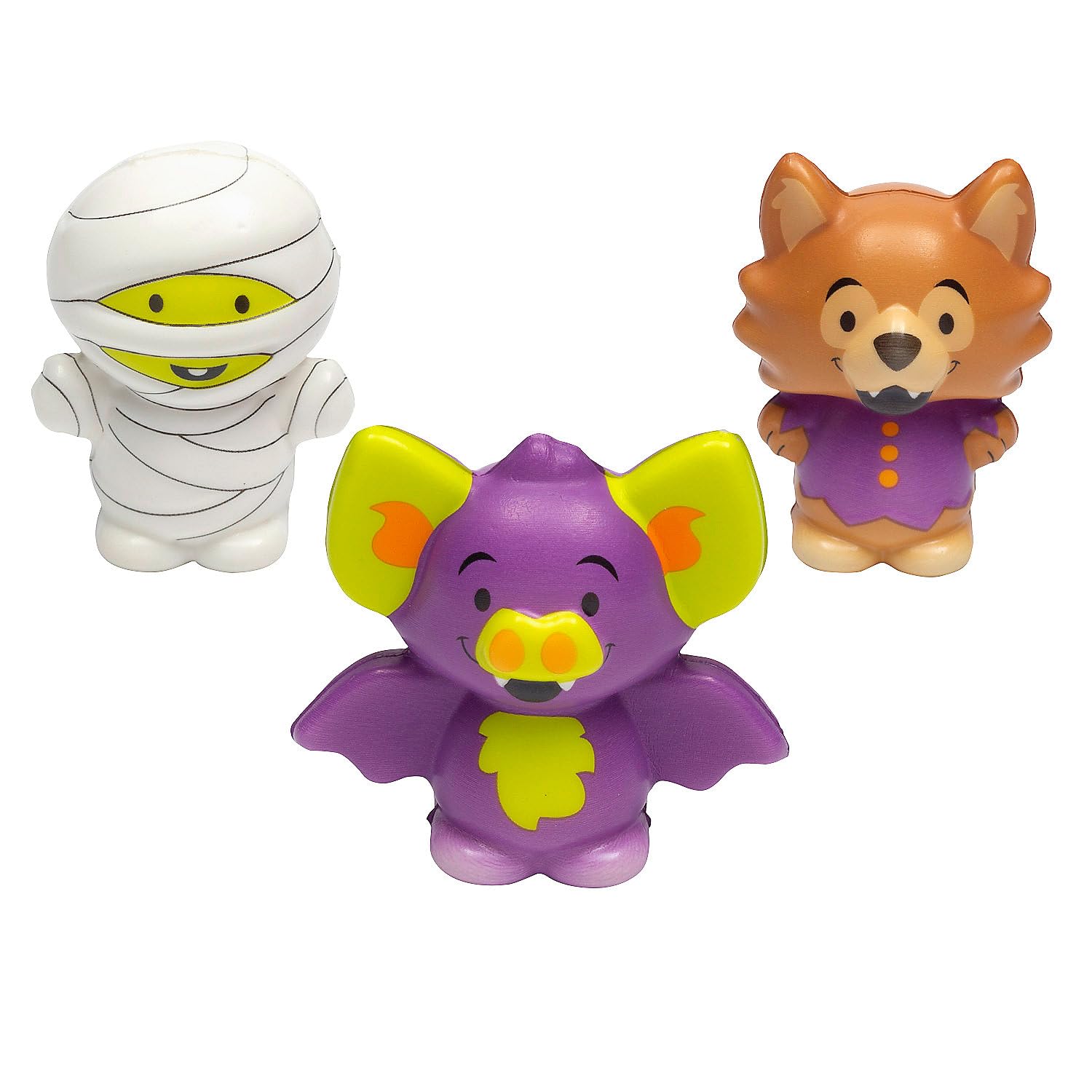 Fun Express 3 1/4" Halloween Monster Bat, Werewolf & Mummy Slow-Rising Squishies - 12 Piece