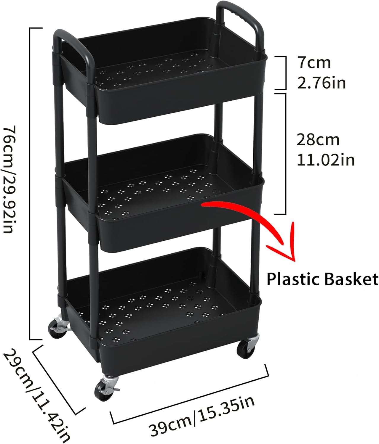 Sywhitta 3-Tier Plastic Rolling Utility Cart with Handle, Multi-Functional Storage Trolley for Office, Living Room, Kitchen, Movable Storage Organizer with Wheels, Black